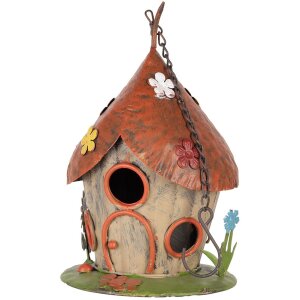 Clayre & Eef 6Y5737 Budka dla ptaków beżowo-czerwona Ø17x27/54cm Żelazo w stylu vintage