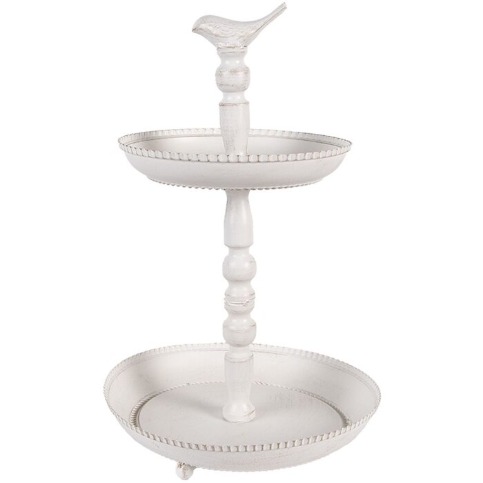 Clayre & Eef 6Y5738 Metalowy etażer biały Ø 27x41 cm Antyczny wygląd z detalem ptaka