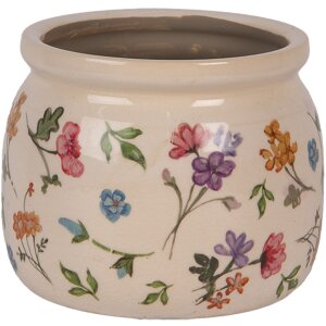 Clayre & Eef Doniczka Ceramiczna Beżowa Kwiatowa Ø12x10 cm Styl Wiejski