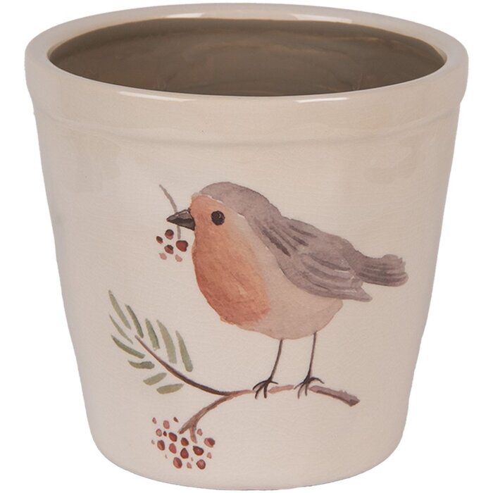 Clayre & Eef Doniczka ceramiczna 15x14cm beżowa z motywem ptaków, styl rustykalny