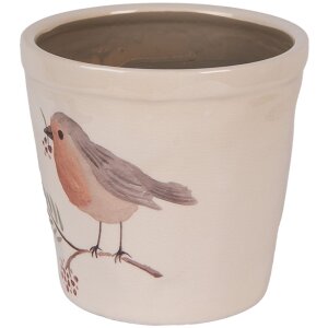 Clayre & Eef Doniczka ceramiczna 15x14cm beżowa z motywem ptaków, styl rustykalny