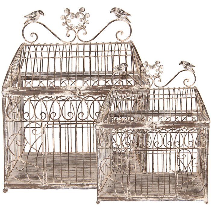 Clayre & Eef Zestaw 2 ozdobnych klatek dla ptaków brązowo-beżowy metal antyk 56cm 41cm