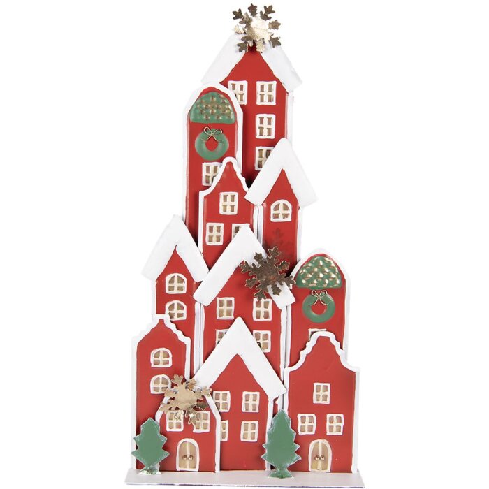 Clayre & Eef 5Y1379 Dekoracja świąteczna Domki Czerwone 28x8x56cm Metalowy Styl Wiejski