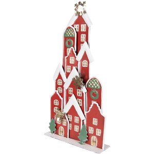 Clayre & Eef 5Y1379 Dekoracja świąteczna Domki Czerwone 28x8x56cm Metalowy Styl Wiejski