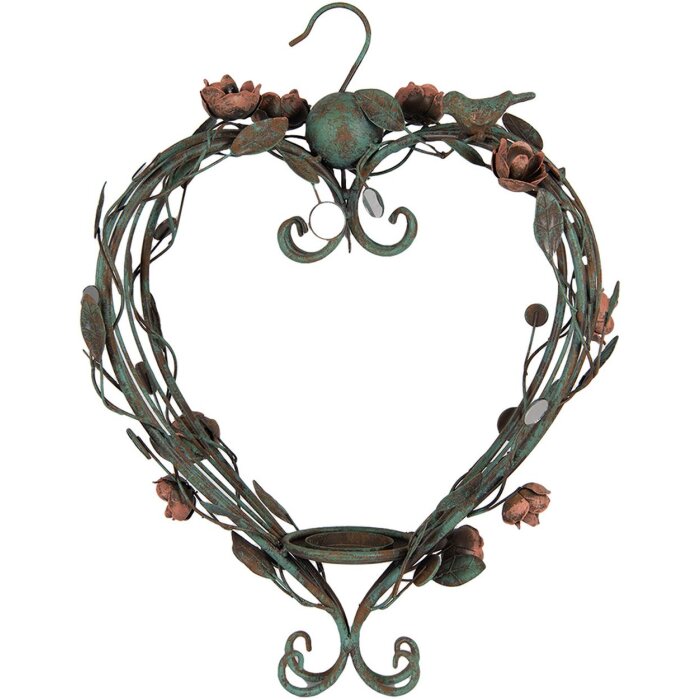 Clayre & Eef Świecznik Serce Metalowy Zielono-Różowy 43x22x60 cm