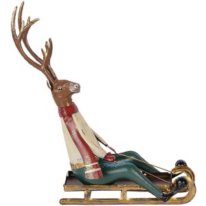 Clayre & Eef Figurka Jelenia na Saniach 30x12x32 cm brązowo beżowa