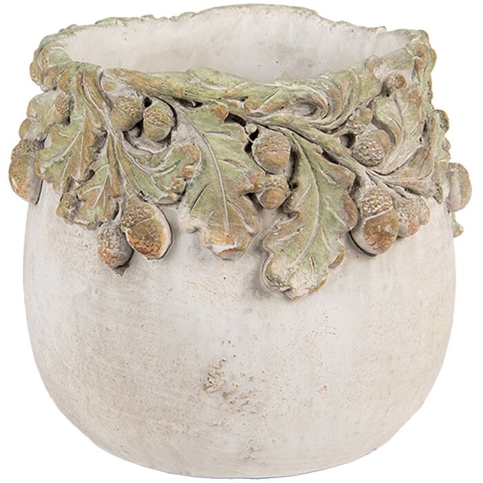 Clayre & Eef Doniczka z Reliefem Liści Dębu 15x13 cm Beżowo-Zielona