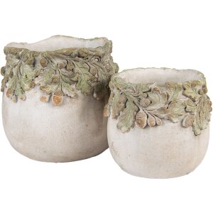 Clayre & Eef Doniczka z Reliefem Liści Dębu 15x13 cm Beżowo-Zielona