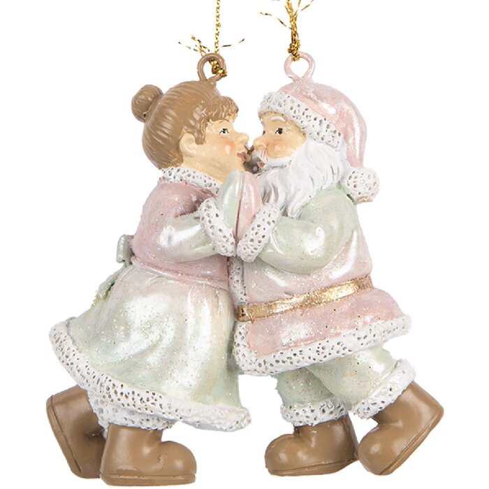 Clayre & Eef Ozdoba Święty Mikołaj z Państwem 7x4x8 cm Różowo-Zielona