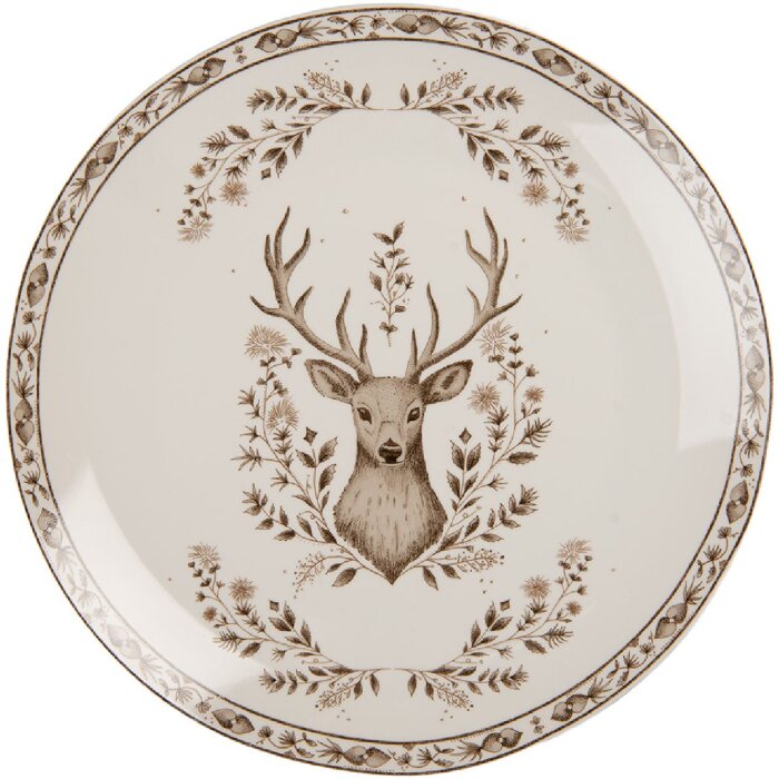 Clayre & Eef Duży Talerz Porcelanowy Beżowo-Brązowy 26 cm