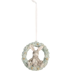 Clayre & Eef Królik Dekoracja Zawieszka 8x3x8 cm Szaro-Zielony