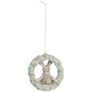 Clayre & Eef Królik Dekoracja Zawieszka 8x3x8 cm Szaro-Zielony