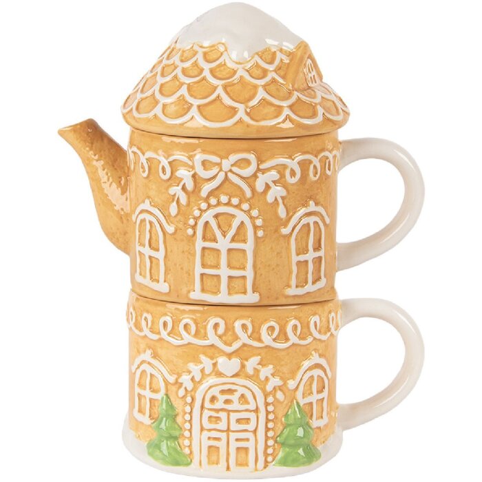 Clayre & Eef Czajnik z Kubkiem Ceramicznym Brązowo-Biały