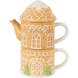 Clayre & Eef Czajnik z Kubkiem Ceramicznym Brązowo-Biały