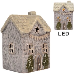 Clayre & Eef Dekoracja Dom z LED 6x6x10 cm Szaro-Beżowa