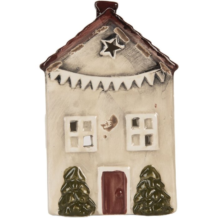 Clayre & Eef Świecznik Domek 10x8x15 cm Beżowo-Czerwony