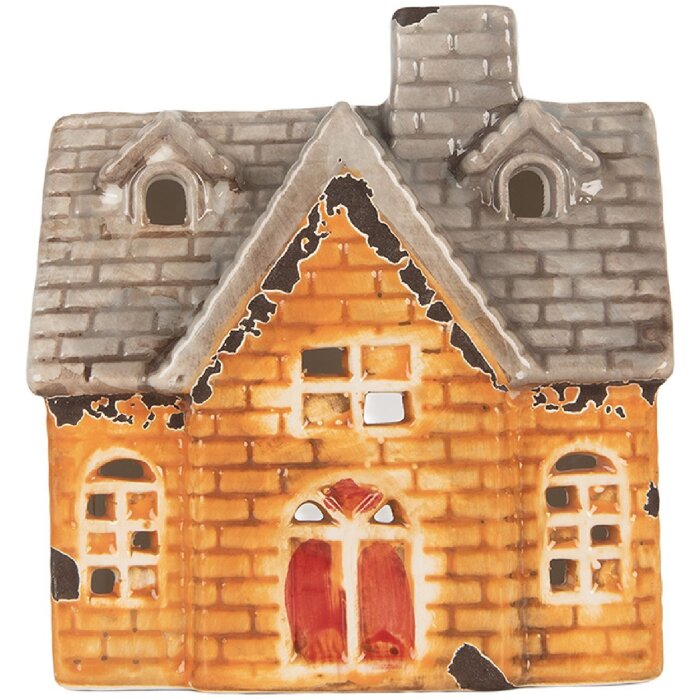 Clayre & Eef Świecznik Domek Pomarańczowo-Beżowy 13x8x14 cm