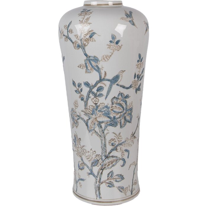 Wysoka ceramiczna waza Clayre & Eef Ø 17x39 cm z delikatnym wzorem kwiatów i ptaków