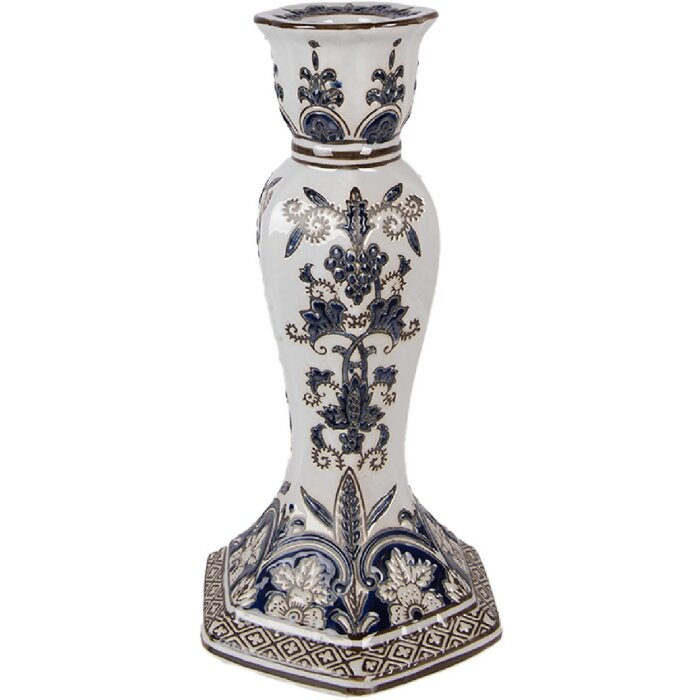 Świecznik Clayre & Eef Ø 15x28 cm, biało-niebieski, porcelana