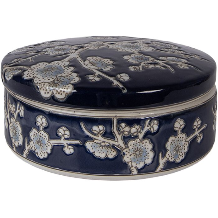 Skarbonka na biżuterię z ceramiki Clayre & Eef – niebiesko-biała, kwiatowa, Ø 18x8 cm