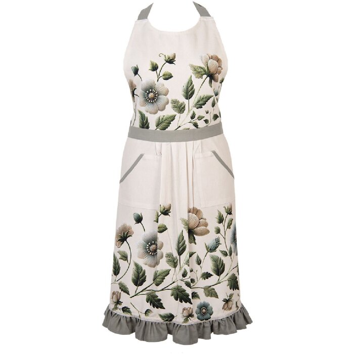 Chusta kuchenna Clayre & Eef 70x85 cm – beżowa z kwiatami, falbanki, kieszenie