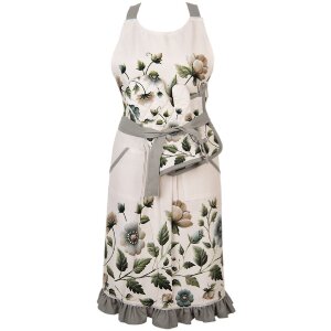 Chusta kuchenna Clayre & Eef 70x85 cm – beżowa z kwiatami, falbanki, kieszenie