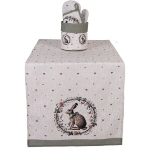 Skarpeta stołowa Clayre & Eef NLE64 – beżowa z motywem królika, 50x140 cm, bawełna