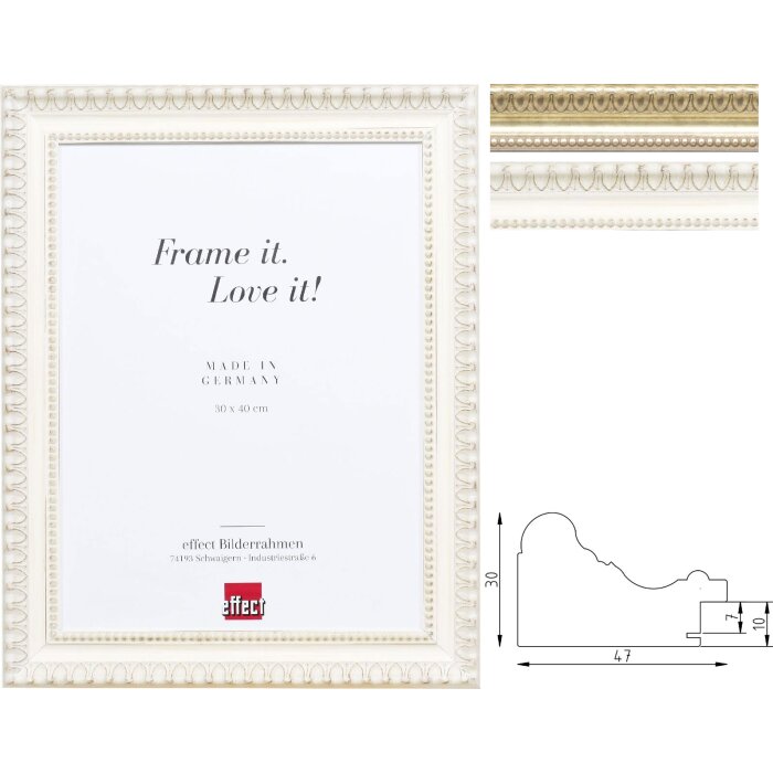 Lustrzana ściana z drewna barokowego Profil 56 – antikszlachetny srebrny / biały 30x40–50x70 cm