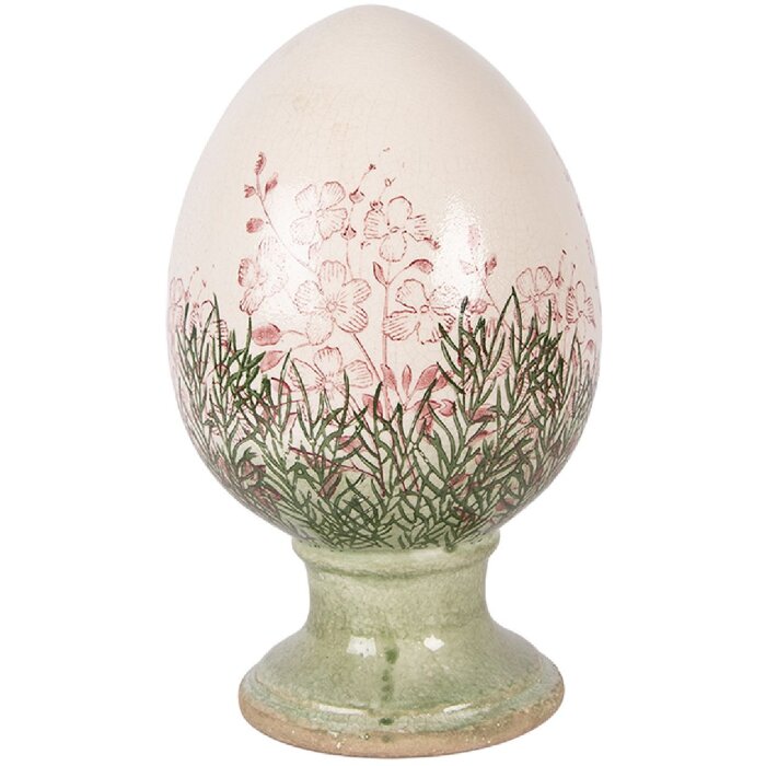 Dekoracja ceramiczna w kształcie jajka z podstawką, beżowo-zielona, Ø 15 x 24 cm