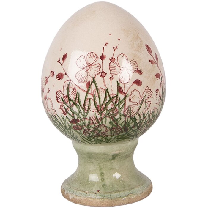 Dekoracyjne jajo ceramiczne na podstawce Ø9x14 cm, beżowo-zielone