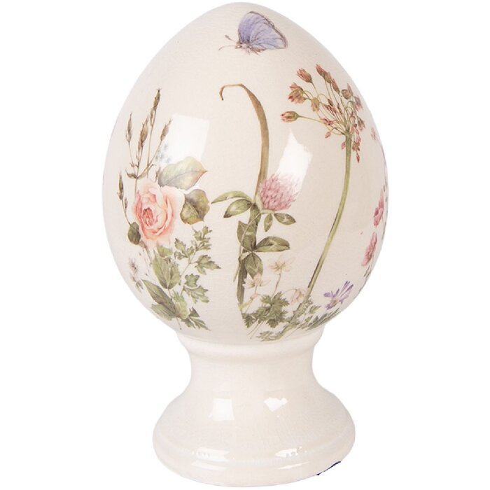 Dekoracja w kształcie jaja na podstawce Ø12x19 cm, beżowo-różowa, ceramika