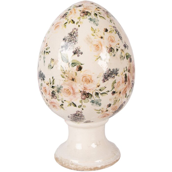Dekoracja ceramiczna w kształcie jaja na podstawce, beżowo-różowa, Ø 17x28 cm