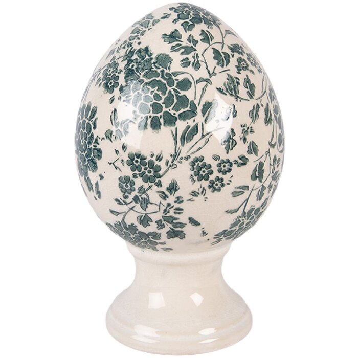 Dekoracja w kształcie jaja na podstawce Ø 12x19 cm, beż z akcentami zieleni