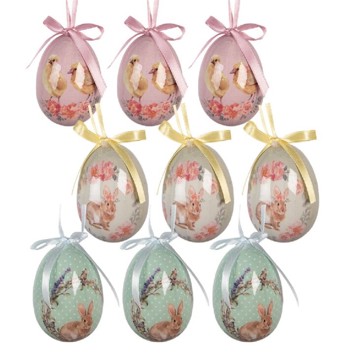 Zestaw 9 wiszących dekoracji w kształcie jajka – zielono-różowy, Ø 5x8 cm