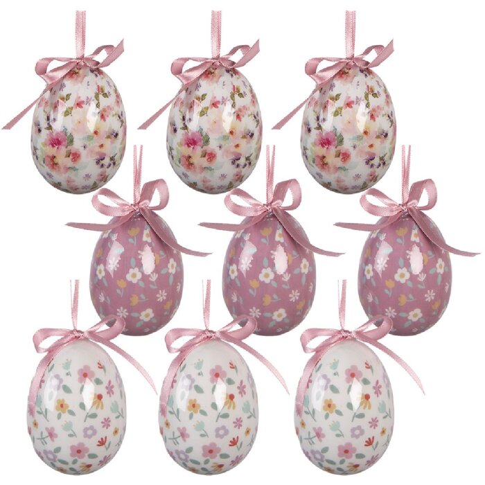 Zestaw 9 wiszących dekoracji w kształcie jaja – biały i różowy, Ø 5x8 cm