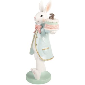 Figurka z królikiem trzymającym tort – biało-niebieska, 13x11x28cm, Clayre & Eef