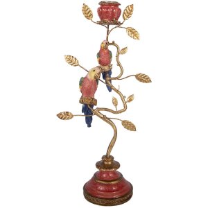 Świecznik z ptakami Clayre & Eef, złoty i czerwony, 16x9x33 cm