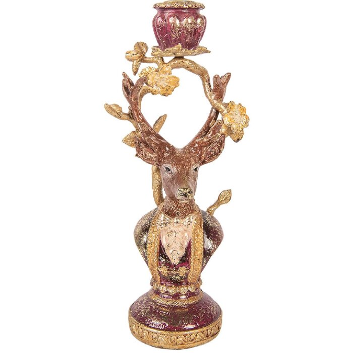 Świecznik w kształcie jelenia Clayre & Eef, fioletowo-złoty, 14x11x31 cm