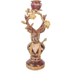 Świecznik w kształcie jelenia Clayre & Eef, fioletowo-złoty, 14x11x31 cm