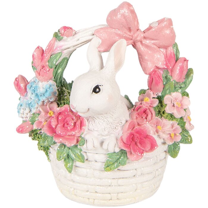 Dekoracja z królikiem w koszu – biało-różowa, 15x9x16cm, Clayre & Eef