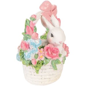 Dekoracja z królikiem w koszu – biało-różowa, 15x9x16cm, Clayre & Eef