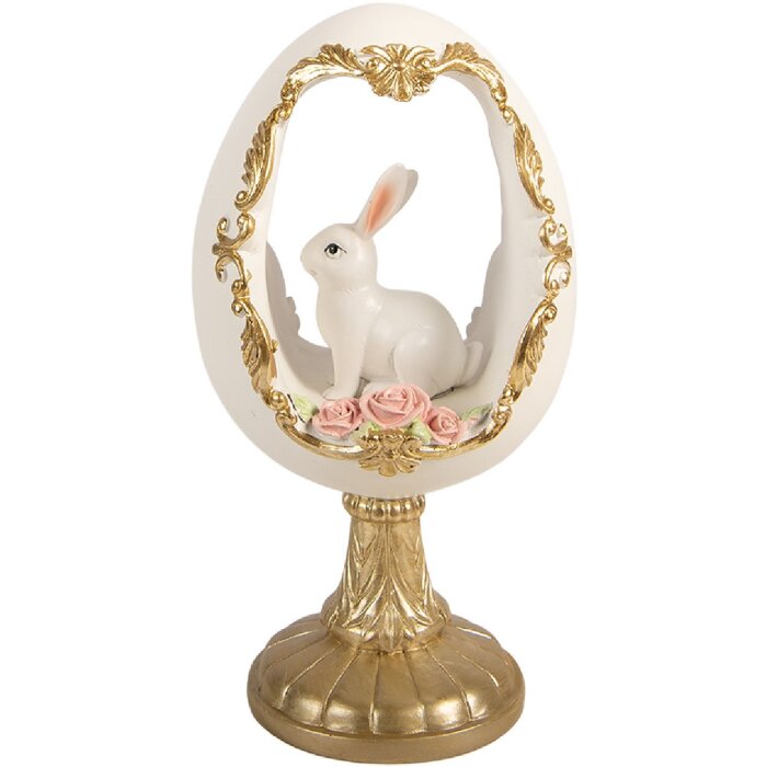 Dekoracja w kształcie jaja z motywem królika – biało-złota, 12x11x22 cm