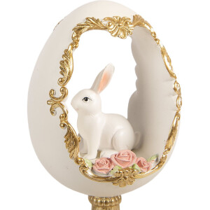 Dekoracja w kształcie jaja z motywem królika – biało-złota, 12x11x22 cm