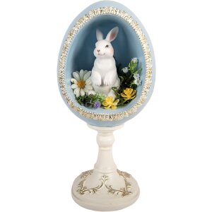 Dekoracja w kształcie jaja z królikiem – biało-niebieska, 13x12x28 cm, Clayre & Eef