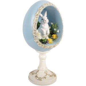 Dekoracja w kształcie jaja z królikiem – biało-niebieska, 13x12x28 cm, Clayre & Eef