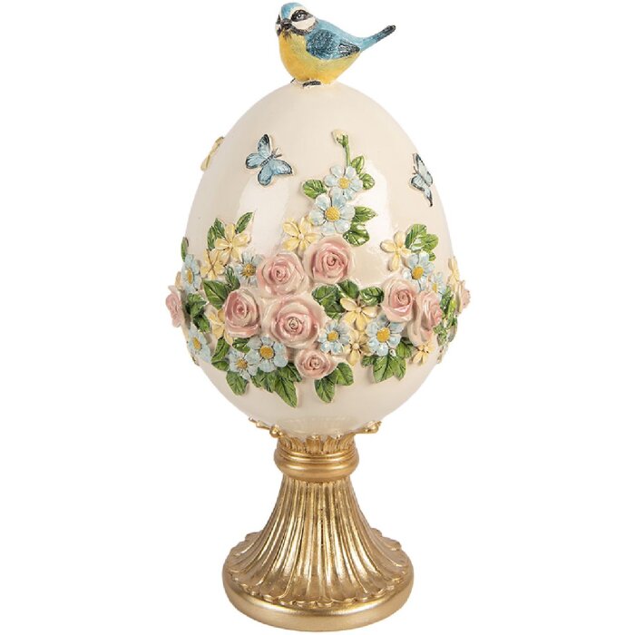 Dekoracja w kształcie jaja z ptakiem biało-złoty Ø 16x33 cm