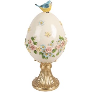Dekoracja w kształcie jaja z ptakiem biało-złoty Ø 16x33 cm