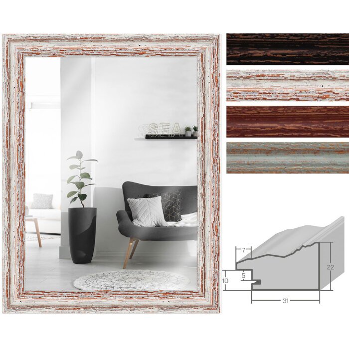 Lustrzanka na ścianę MendeFrames H740 w stylu shabby-chic z drewna naturalnego, 3,9 cm listwa