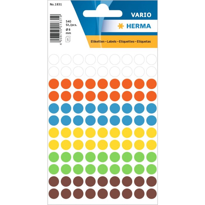 HERMA Etykiety uniwersalne asortyment kolorów ø 8 mm okragle papier mat 540 szt.