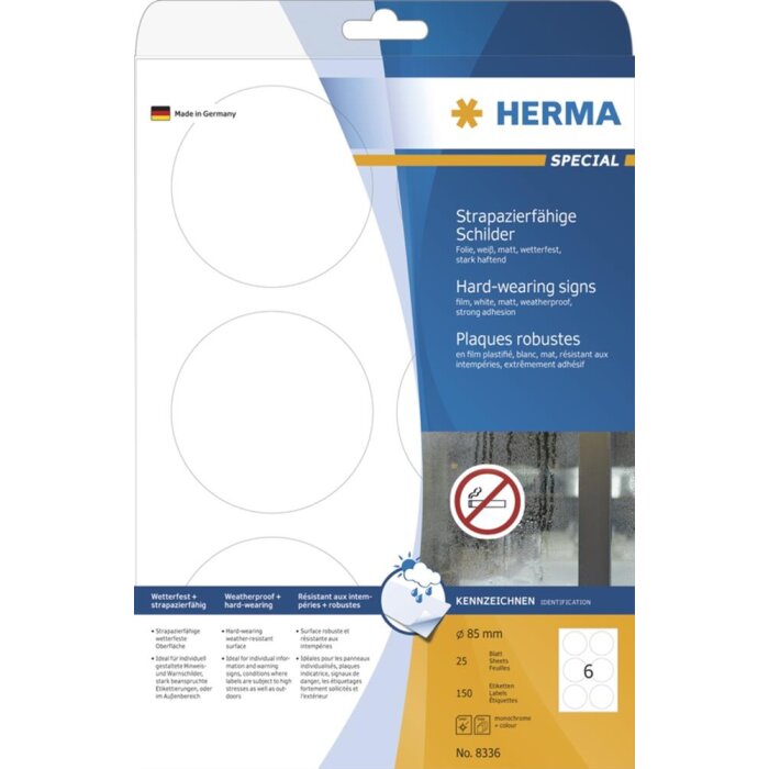 HERMA Znaki twarde a4 ø 85 mm okragle biale silnie klejace folia matowa odporna na warunki atmosferyczne 150 szt.